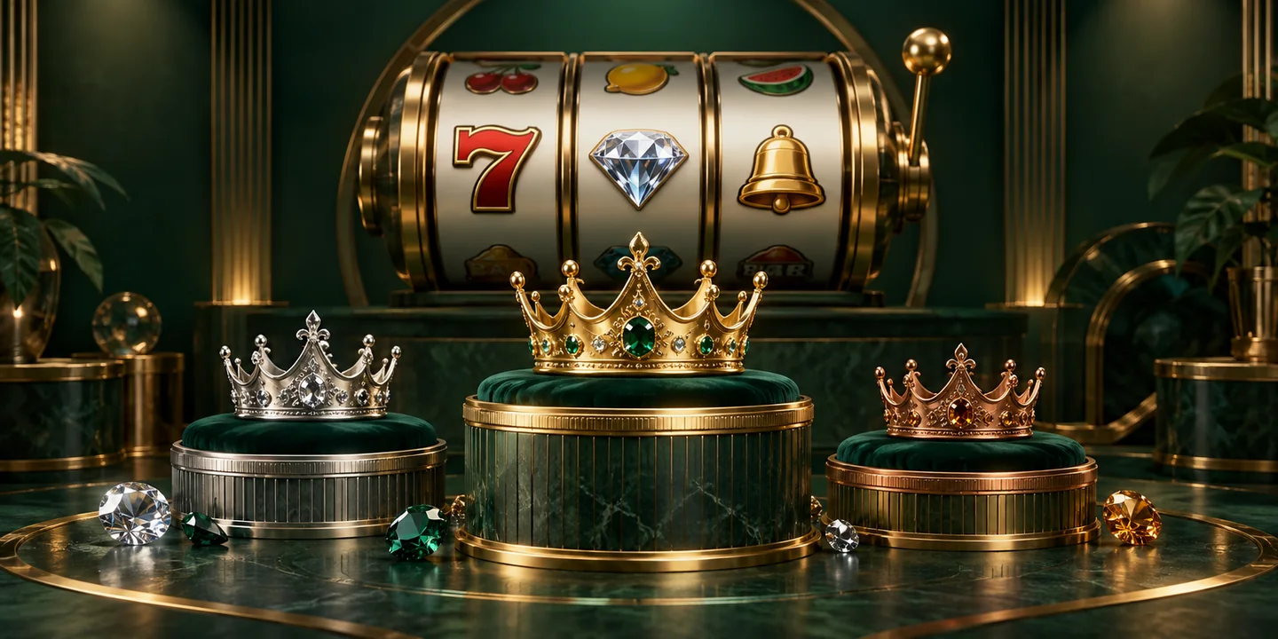 A conceptual studio scene with slot reels and bronze, silver and gold prize displays against an emerald background.