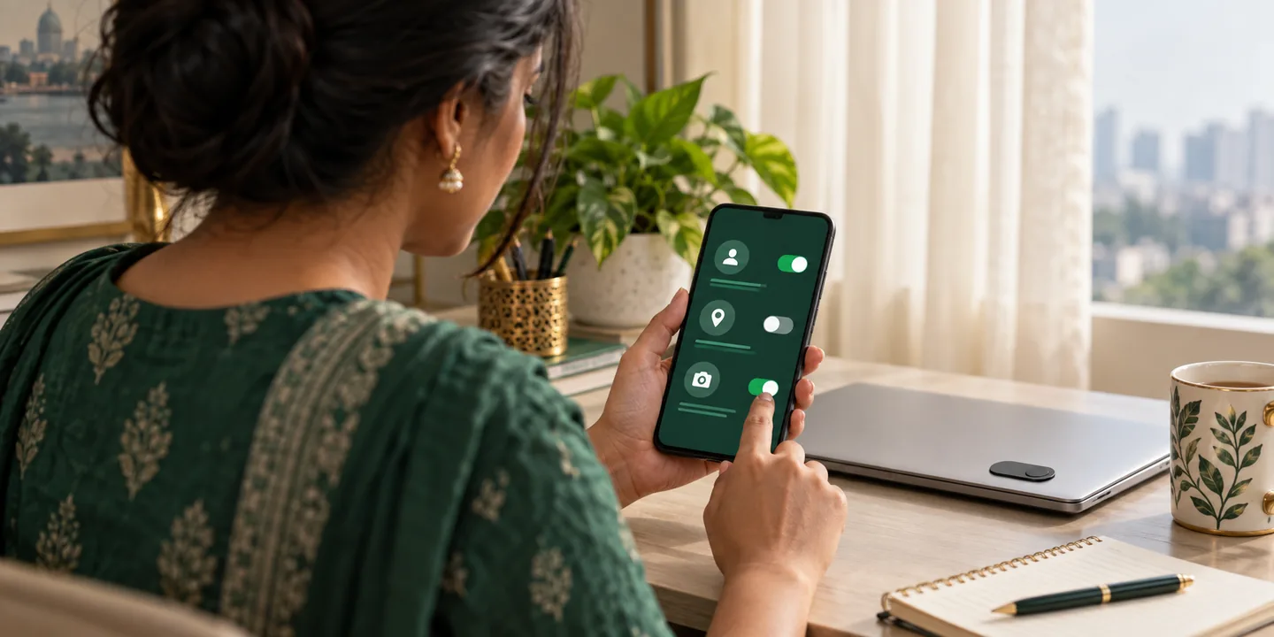 একজন প্রাপ্তবয়স্ক নারী ফোনে ব্যক্তিগত তথ্য ব্যবহারের অনুমতি পর্যালোচনা করছেন।