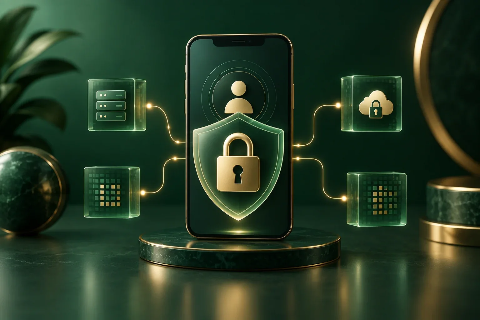 Personal data protection illustrated by a smartphone, shield and lock